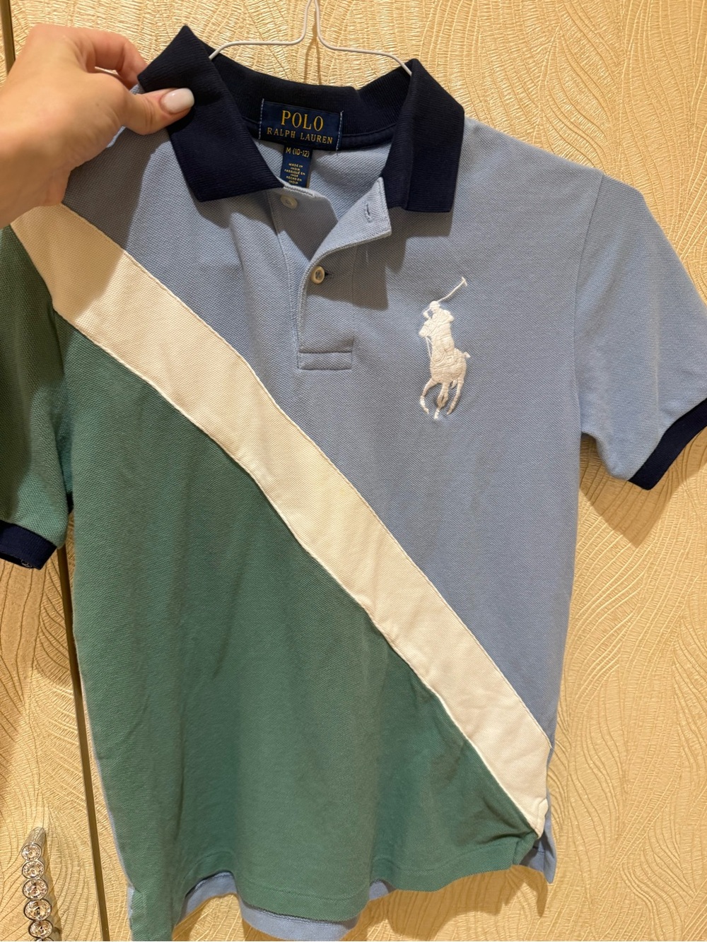 Polo by Ralph Lauren Light Blue, Green & White Diagonal Stripe Polo